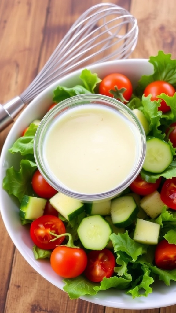 A bowl of creamy butter dressing on a salad with greens, tomatoes, and cucumbers on a wooden table.